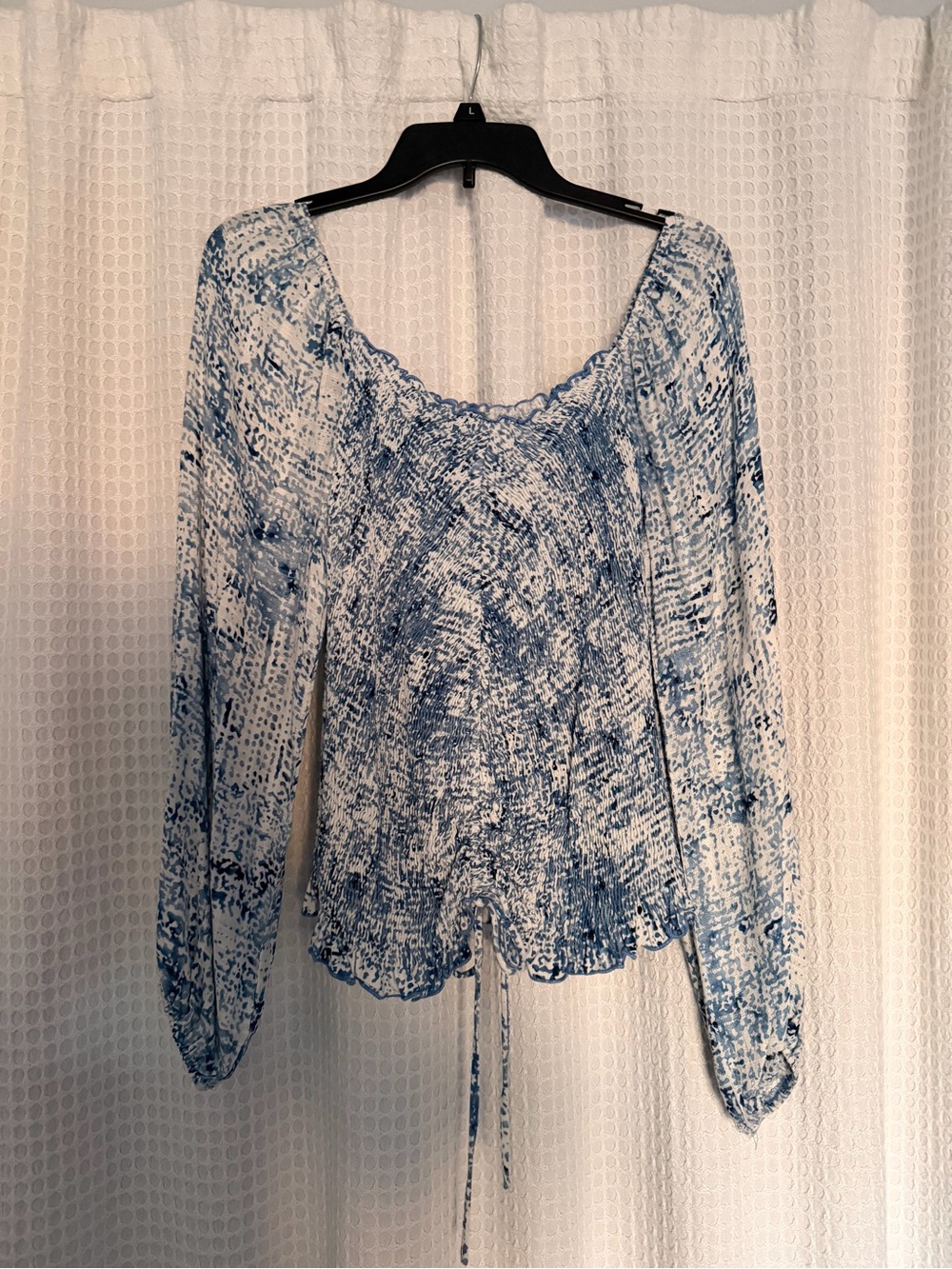 Smocked Blue & White Printed Peasant Top